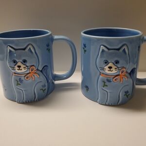 Vintage OTAGIRI Blue Cat Mugs Pink Ribbon